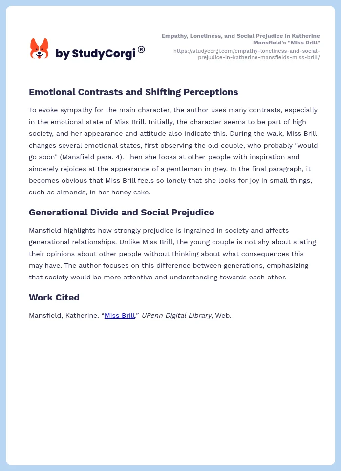 Empathy, Loneliness, and Social Prejudice in Katherine Mansfield's "Miss Brill". Page 2