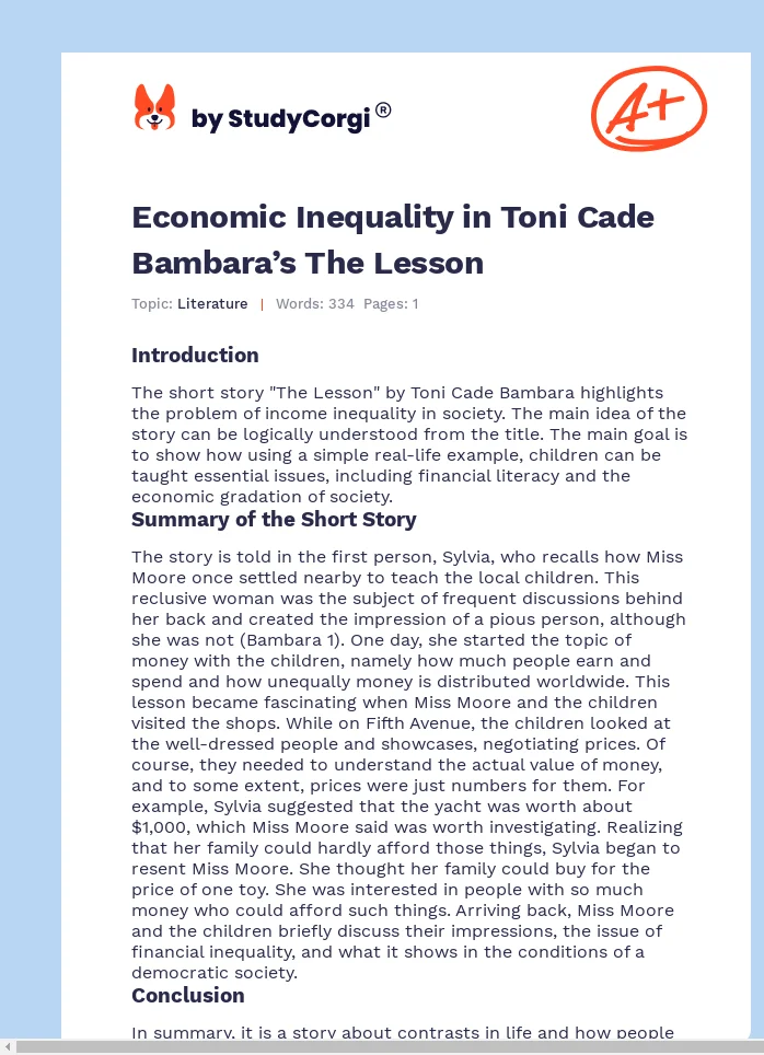 Economic Inequality in Toni Cade Bambara’s The Lesson. Page 1