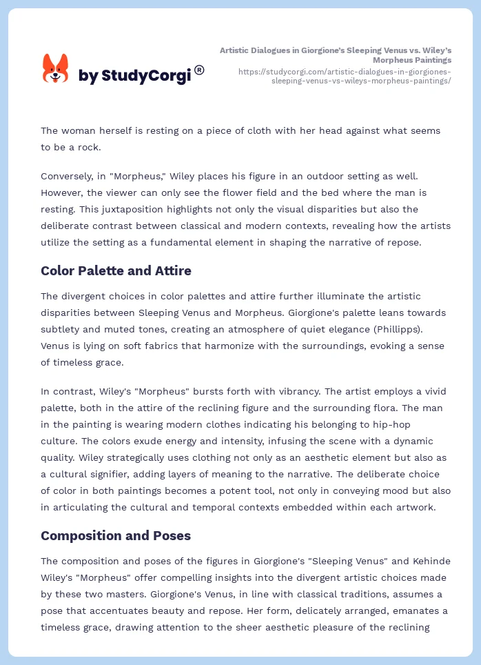 Artistic Dialogues in Giorgione’s Sleeping Venus vs. Wiley’s Morpheus Paintings. Page 2