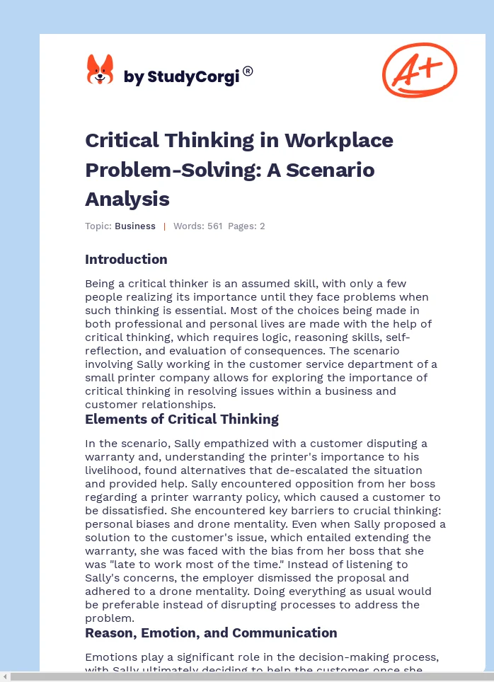 Critical Thinking in Workplace Problem-Solving: A Scenario Analysis. Page 1