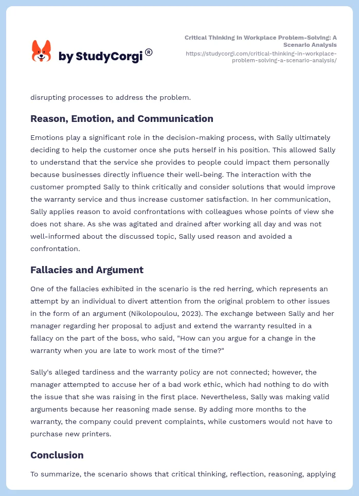 Critical Thinking in Workplace Problem-Solving: A Scenario Analysis. Page 2