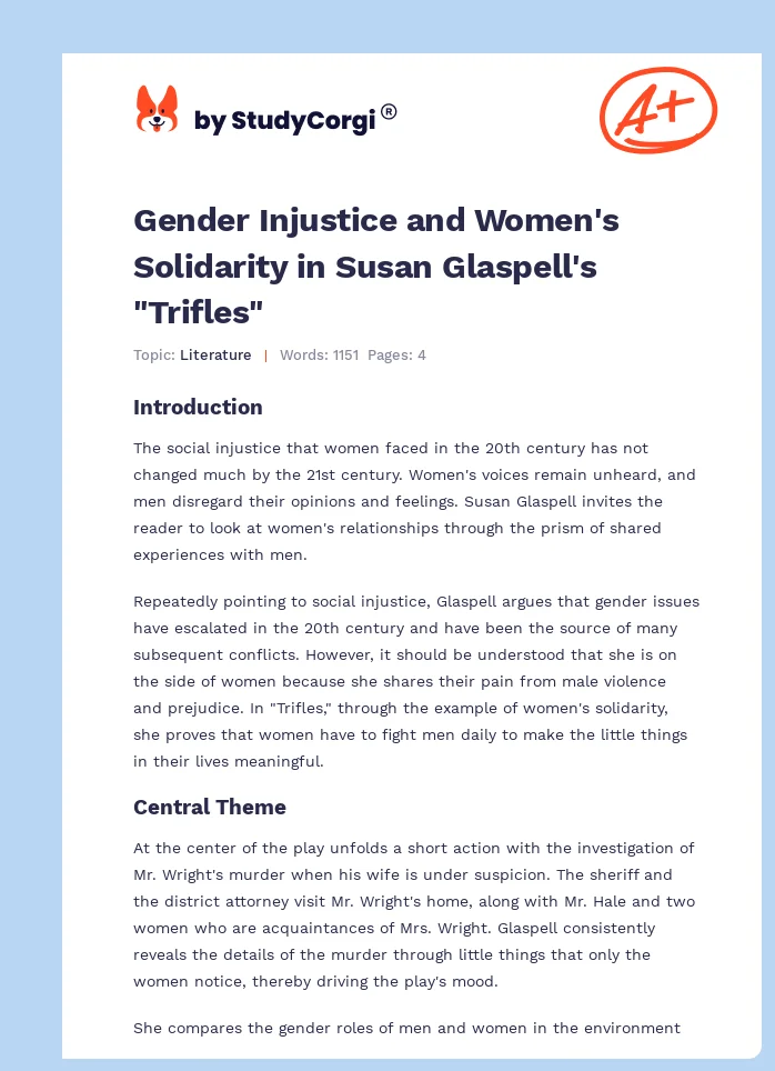 Gender Injustice and Women's Solidarity in Susan Glaspell's "Trifles". Page 1