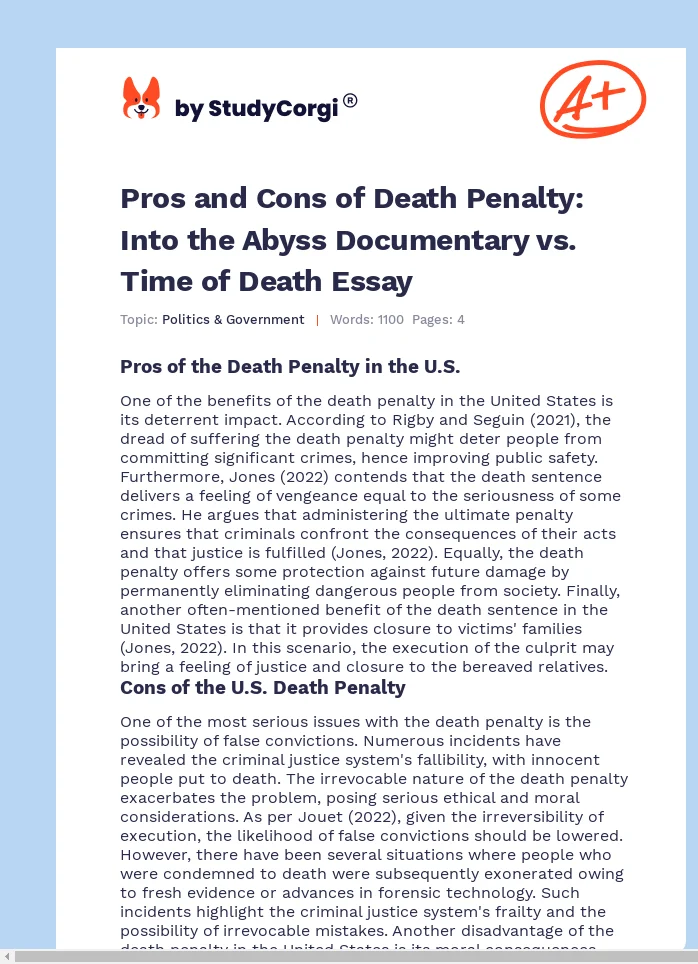 Pros and Cons of Death Penalty: Into the Abyss Documentary vs. Time of Death Essay. Page 1