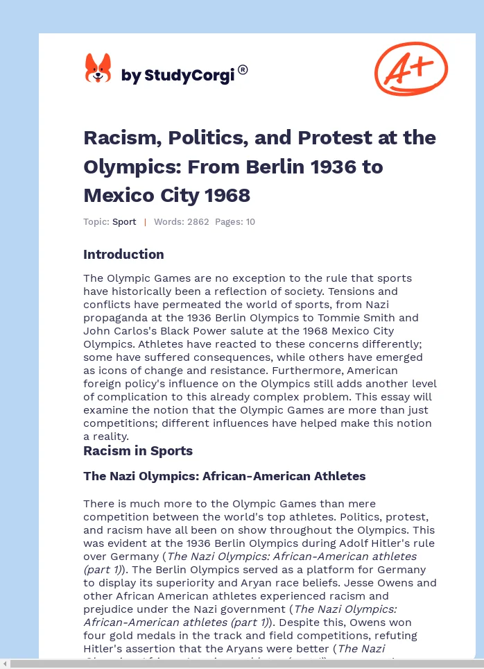 Racism, Politics, and Protest at the Olympics: From Berlin 1936 to Mexico City 1968. Page 1