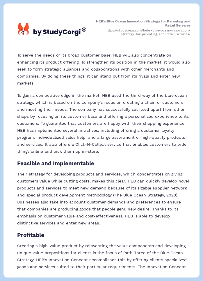 HEB’s Blue Ocean Innovation Strategy for Parenting and Retail Services. Page 2