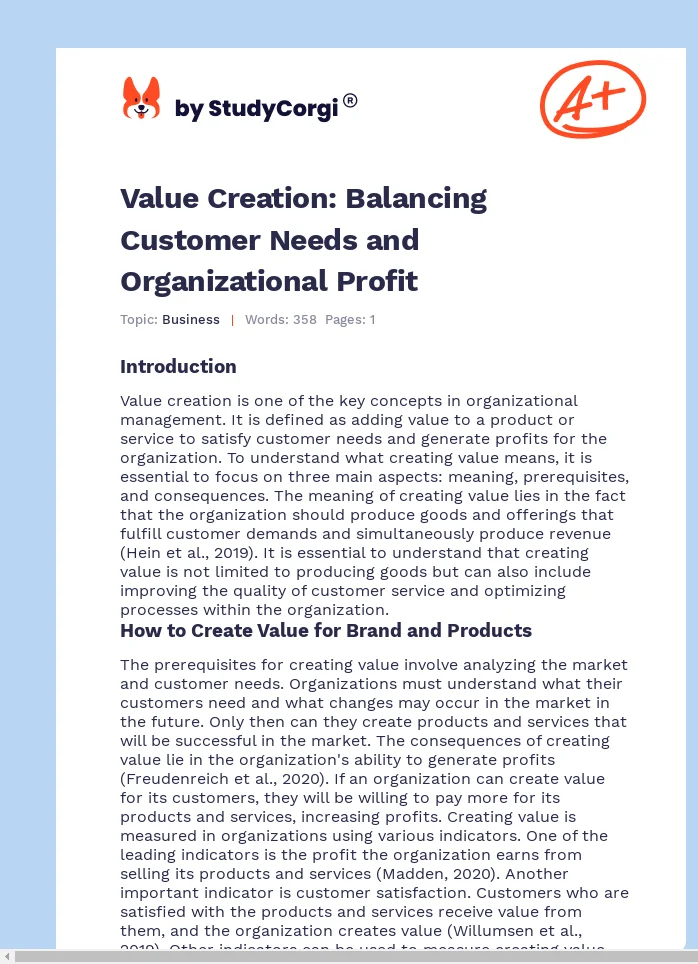Value Creation: Balancing Customer Needs and Organizational Profit. Page 1
