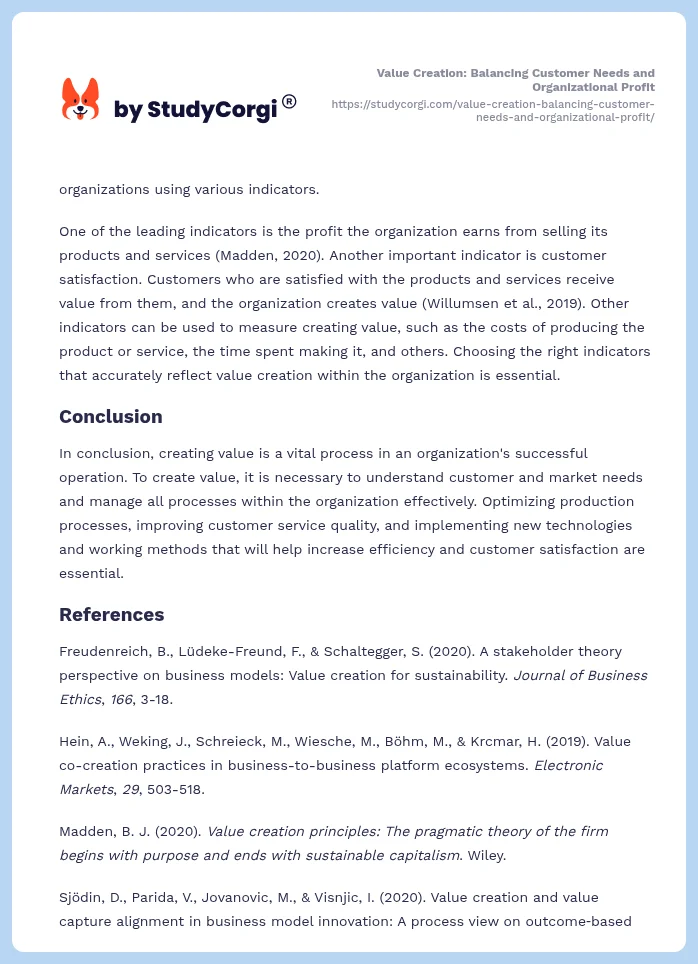Value Creation: Balancing Customer Needs and Organizational Profit. Page 2