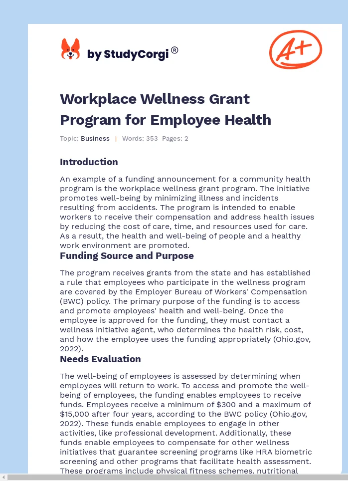 Workplace Wellness Grant Program for Employee Health. Page 1