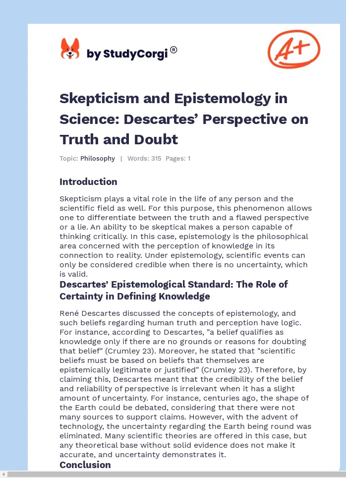 Skepticism and Epistemology in Science: Descartes’ Perspective on Truth and Doubt. Page 1