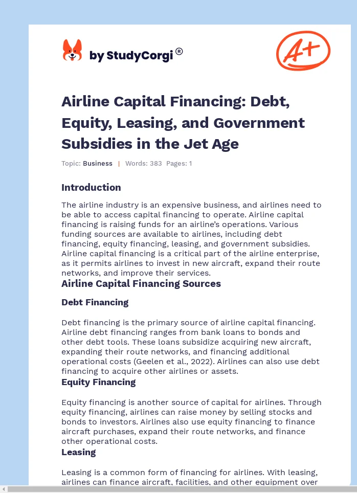 Airline Capital Financing: Debt, Equity, Leasing, and Government Subsidies in the Jet Age. Page 1