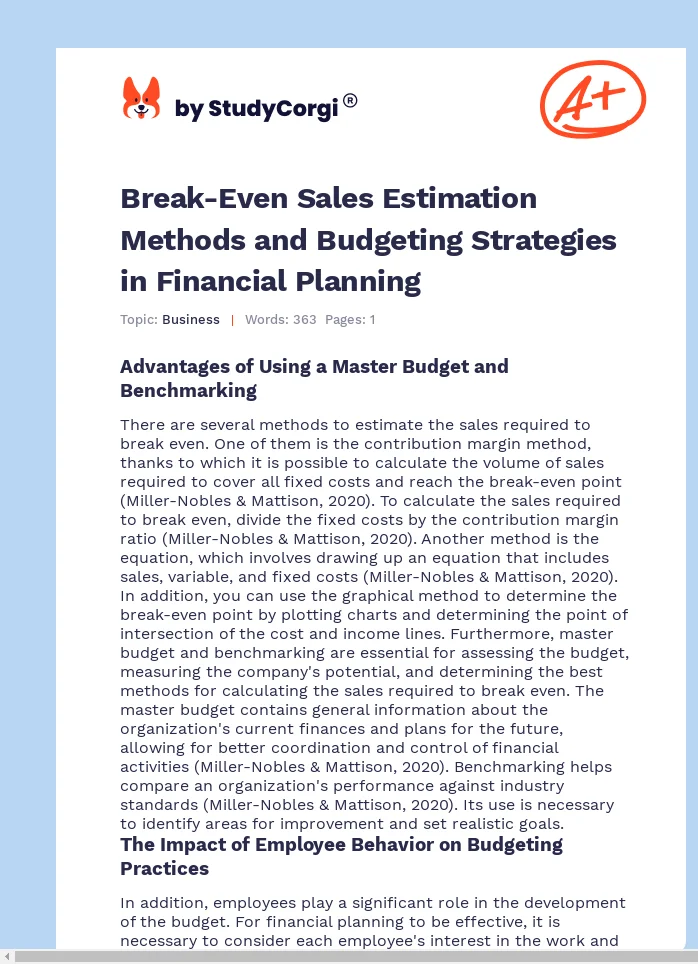 Break-Even Sales Estimation Methods and Budgeting Strategies in Financial Planning. Page 1
