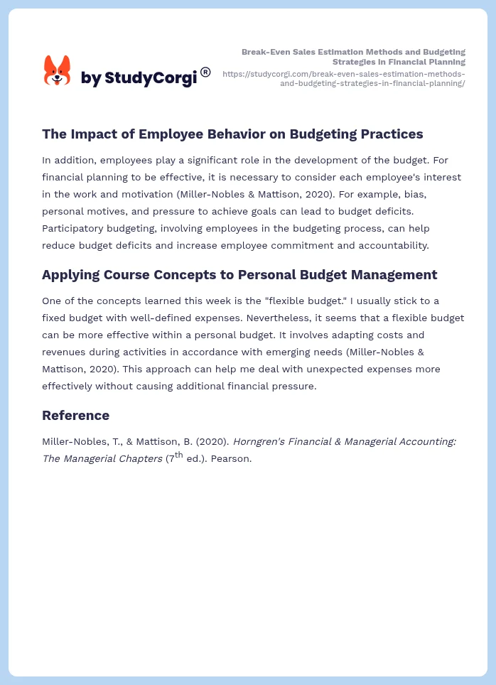 Break-Even Sales Estimation Methods and Budgeting Strategies in Financial Planning. Page 2