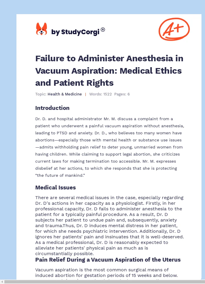 Failure to Administer Anesthesia in Vacuum Aspiration: Medical Ethics and Patient Rights. Page 1