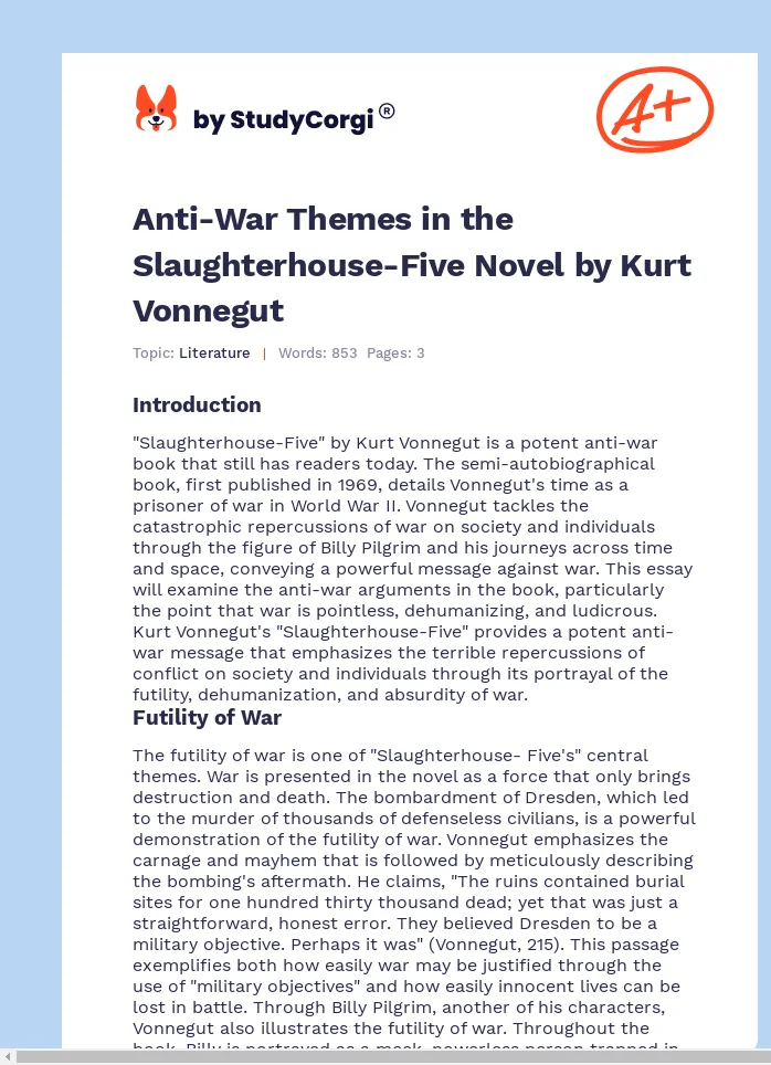 Anti-War Themes in the Slaughterhouse-Five Novel by Kurt Vonnegut. Page 1