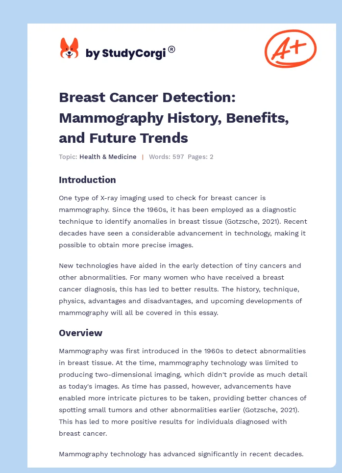 Breast Cancer Detection: Mammography History, Benefits, and Future Trends. Page 1