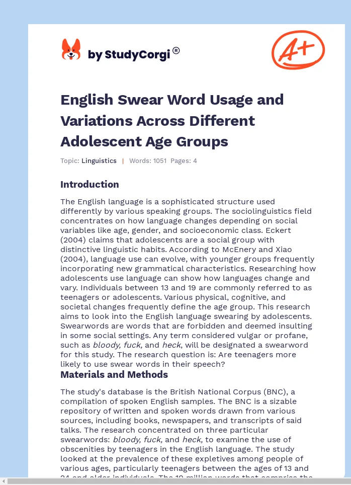 English Swear Word Usage and Variations Across Different Adolescent Age Groups. Page 1