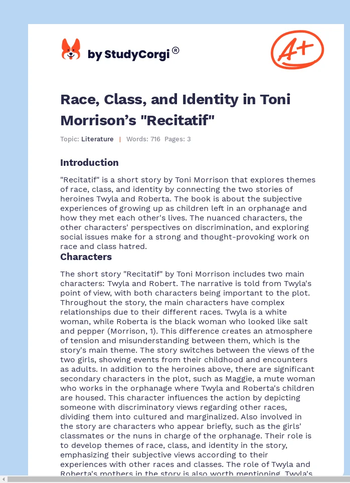 Race, Class, and Identity in Toni Morrison’s "Recitatif". Page 1