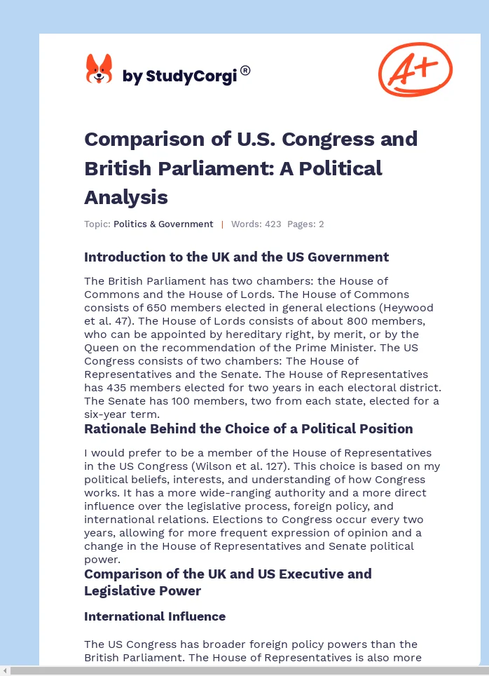 Comparison of U.S. Congress and British Parliament: A Political Analysis. Page 1