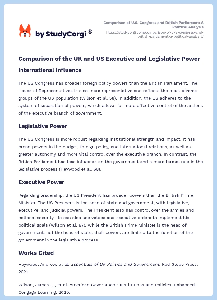 Comparison of U.S. Congress and British Parliament: A Political Analysis. Page 2