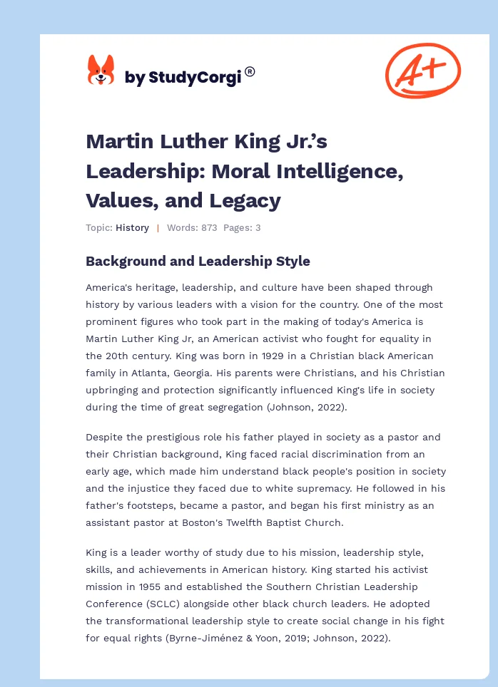 Martin Luther King Jr.’s Leadership: Moral Intelligence, Values, and Legacy. Page 1