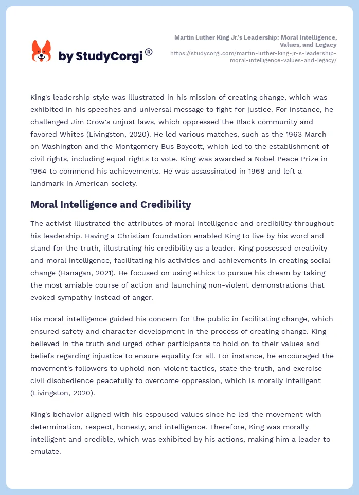 Martin Luther King Jr.’s Leadership: Moral Intelligence, Values, and Legacy. Page 2