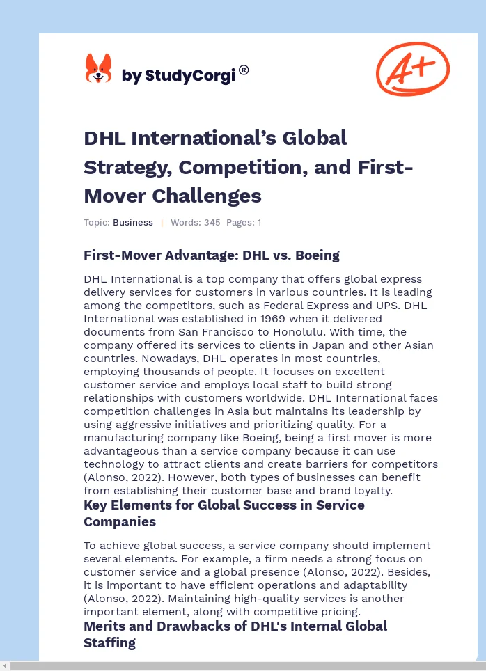 DHL International’s Global Strategy, Competition, and First-Mover Challenges. Page 1