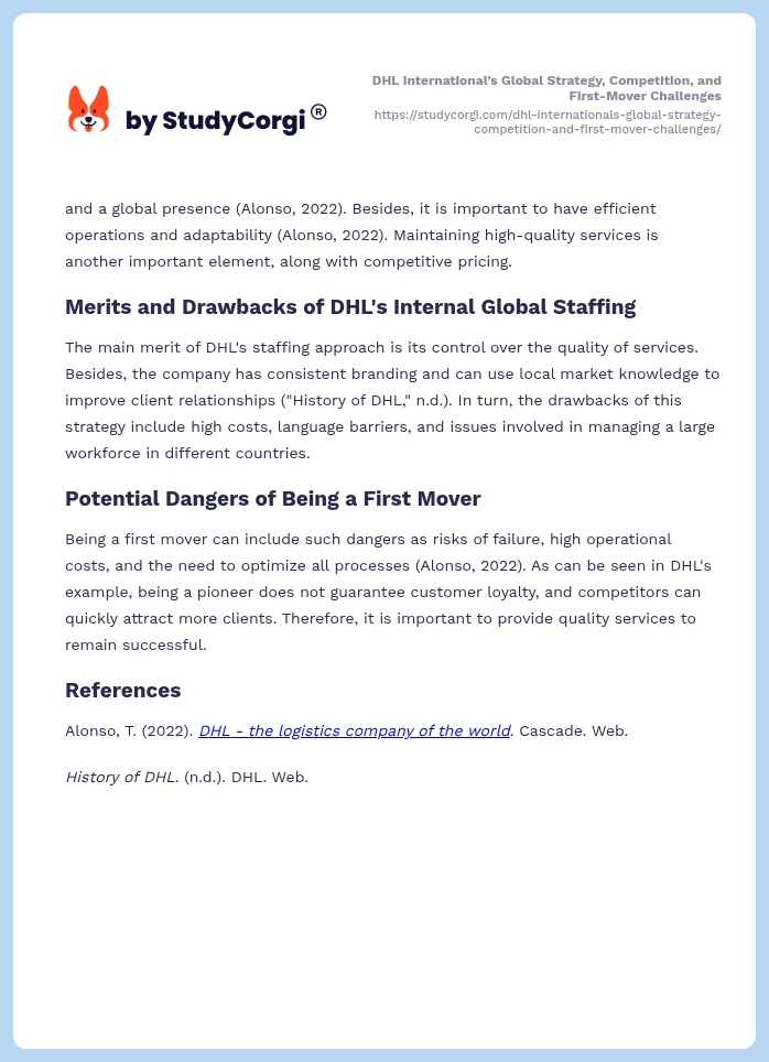 DHL International’s Global Strategy, Competition, and First-Mover Challenges. Page 2