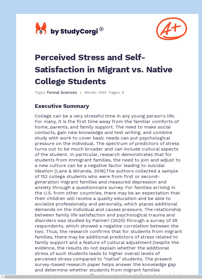 Perceived Stress and Self-Satisfaction in Migrant vs. Native College Students. Page 1