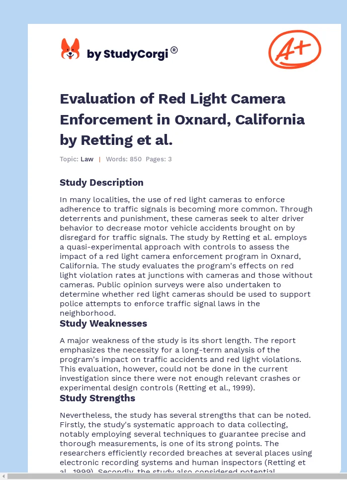 Evaluation of Red Light Camera Enforcement in Oxnard, California by Retting et al.. Page 1