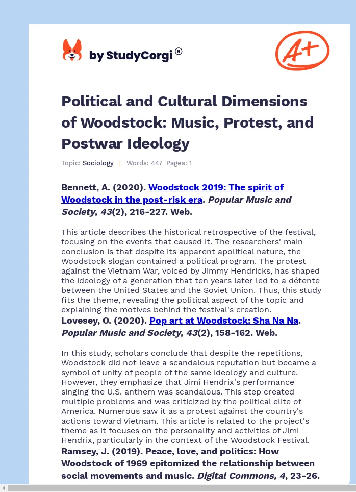 Political and Cultural Dimensions of Woodstock: Music, Protest, and Postwar Ideology. Page 1