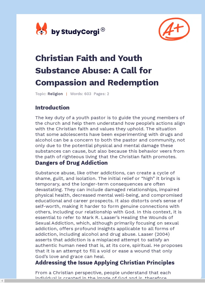 Christian Faith and Youth Substance Abuse: A Call for Compassion and Redemption. Page 1