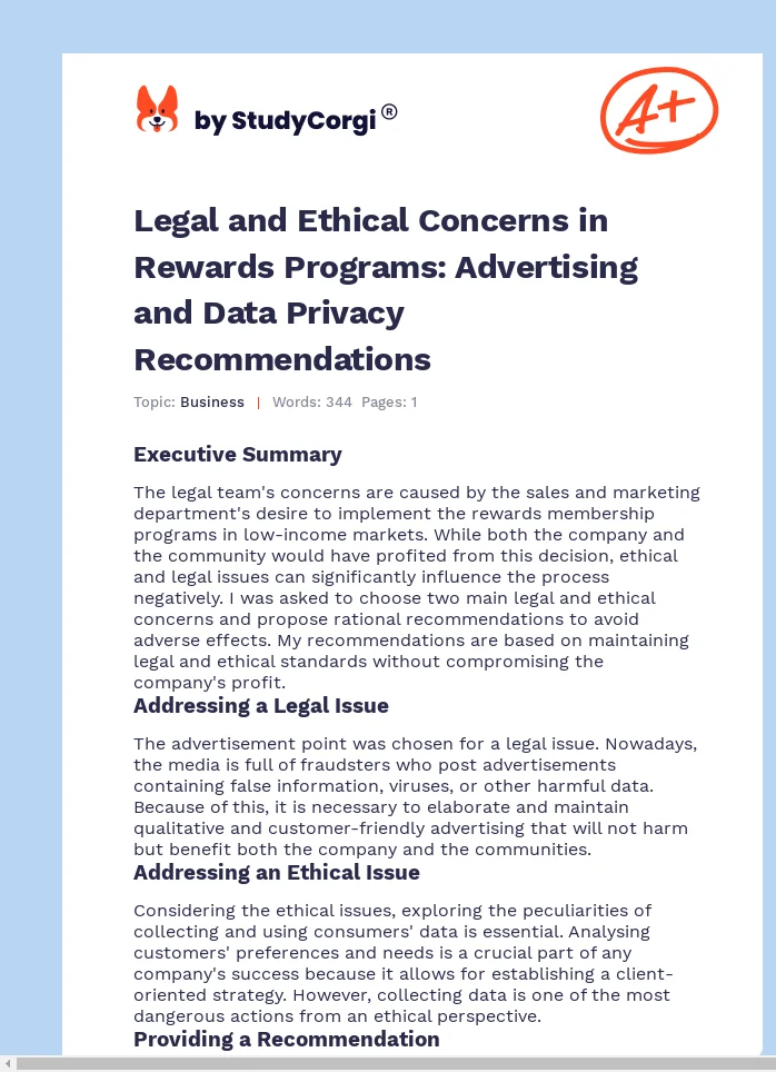 Legal and Ethical Concerns in Rewards Programs: Advertising and Data Privacy Recommendations. Page 1
