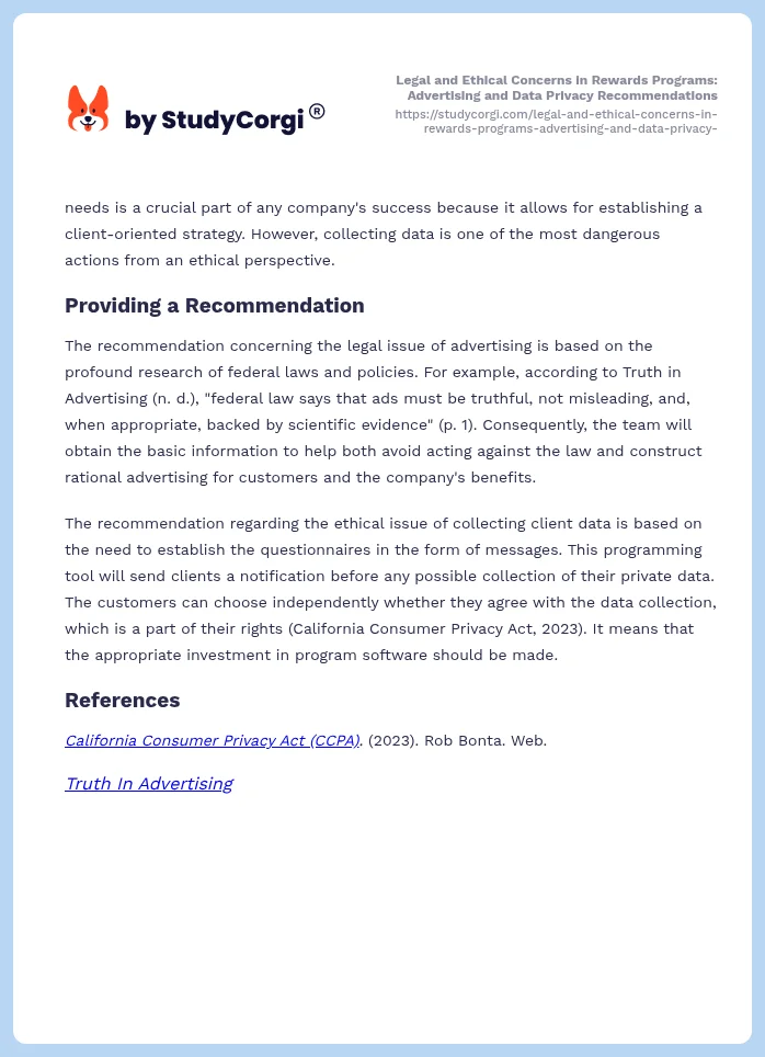 Legal and Ethical Concerns in Rewards Programs: Advertising and Data Privacy Recommendations. Page 2