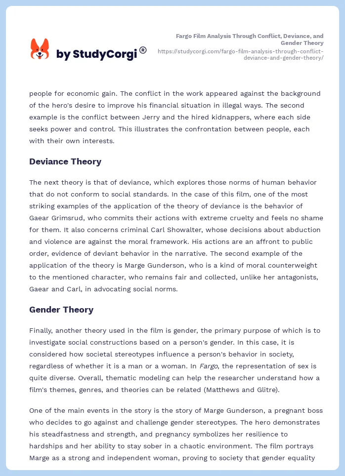 Fargo Film Analysis Through Conflict, Deviance, and Gender Theory. Page 2