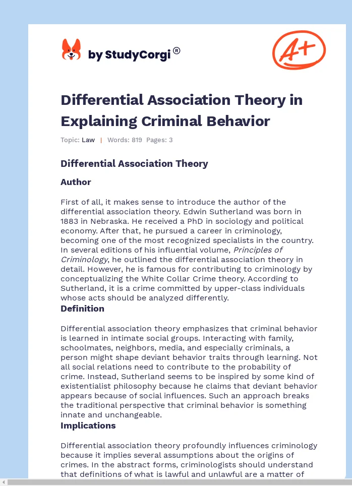 Differential Association Theory in Explaining Criminal Behavior. Page 1