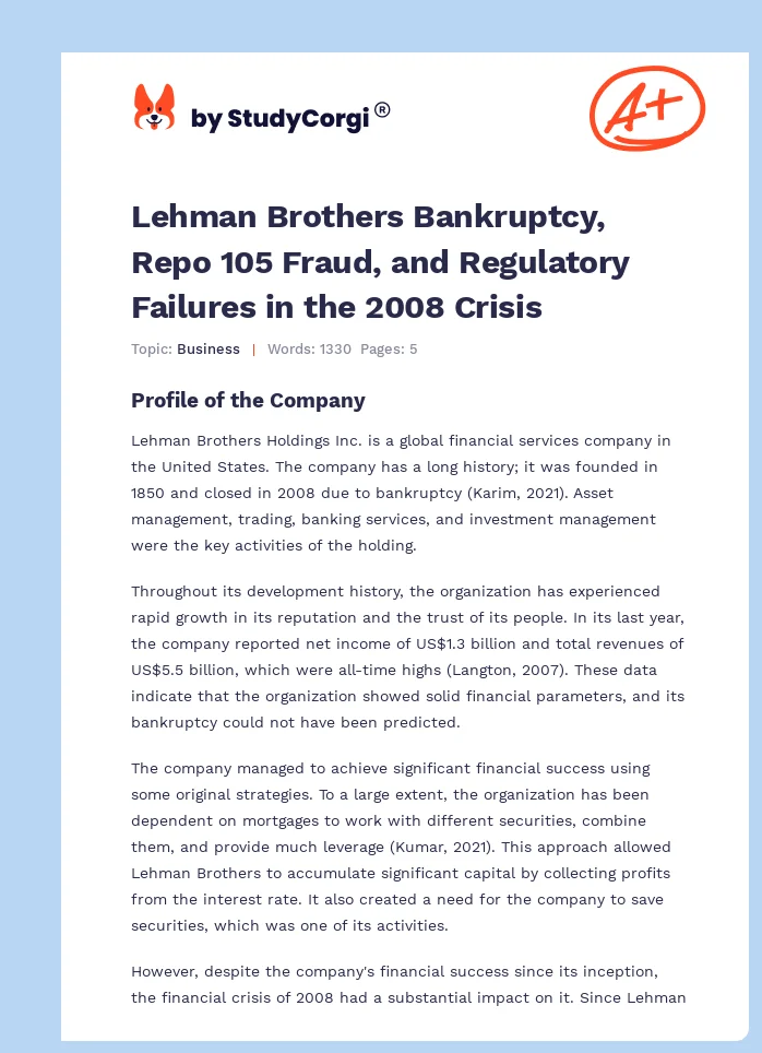 Lehman Brothers Bankruptcy, Repo 105 Fraud, and Regulatory Failures in the 2008 Crisis. Page 1