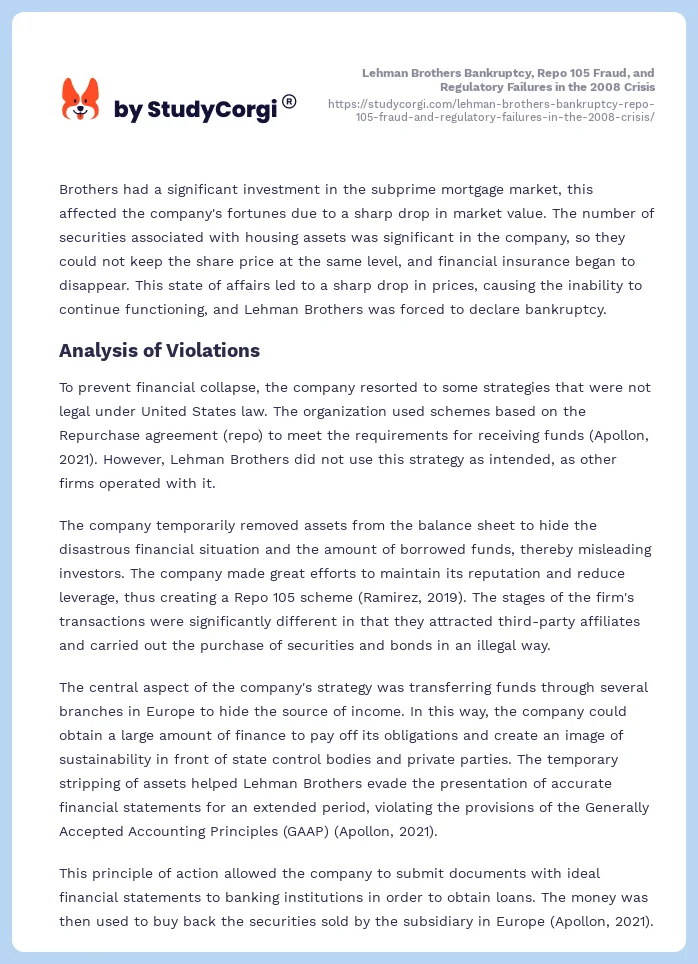 Lehman Brothers Bankruptcy, Repo 105 Fraud, and Regulatory Failures in the 2008 Crisis. Page 2