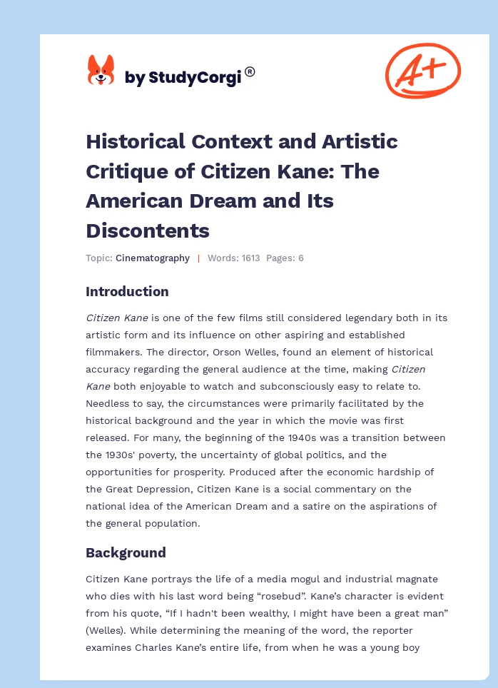 Historical Context and Artistic Critique of Citizen Kane: The American Dream and Its Discontents. Page 1