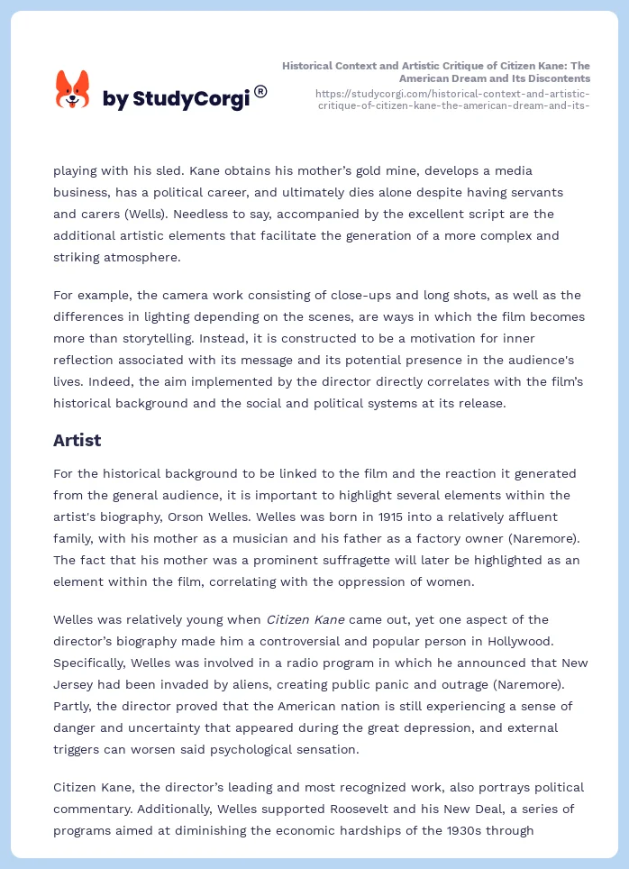 Historical Context and Artistic Critique of Citizen Kane: The American Dream and Its Discontents. Page 2