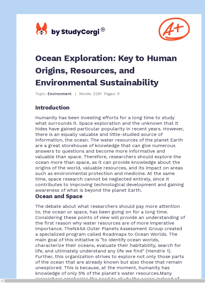 Ocean Exploration: Key to Human Origins, Resources, and Environmental Sustainability. Page 1