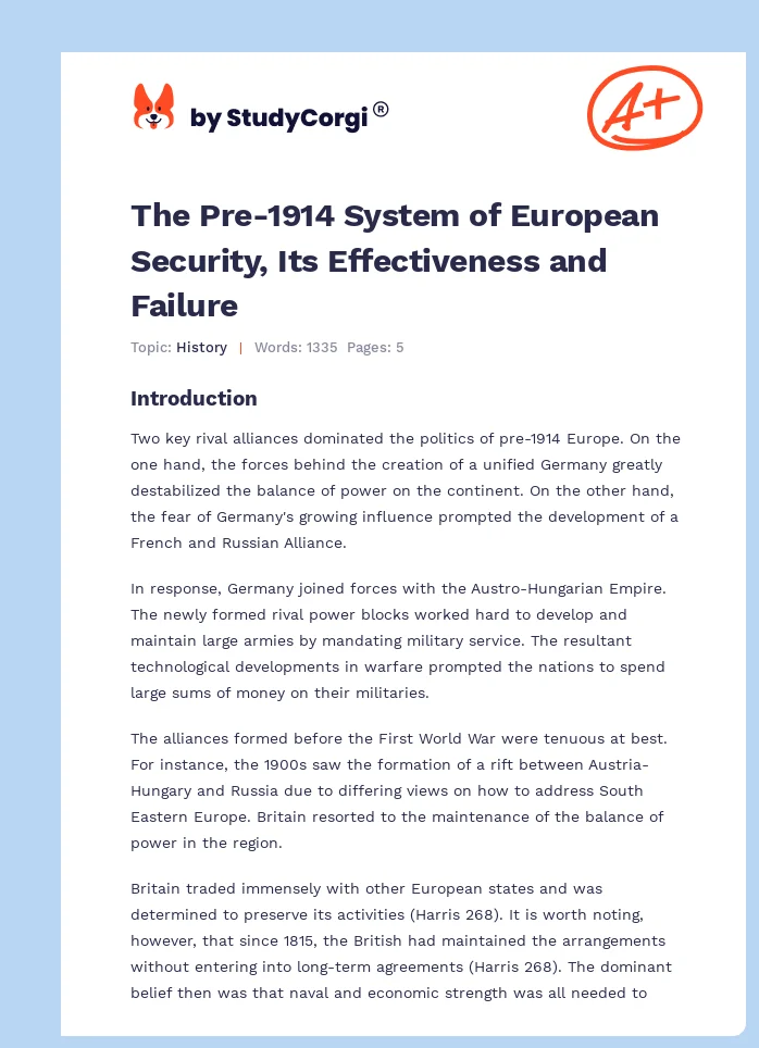 The Pre-1914 System of European Security, Its Effectiveness and Failure. Page 1