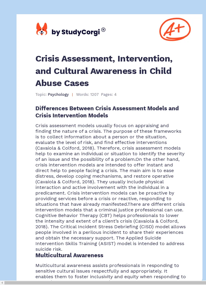 Crisis Assessment, Intervention, and Cultural Awareness in Child Abuse Cases. Page 1