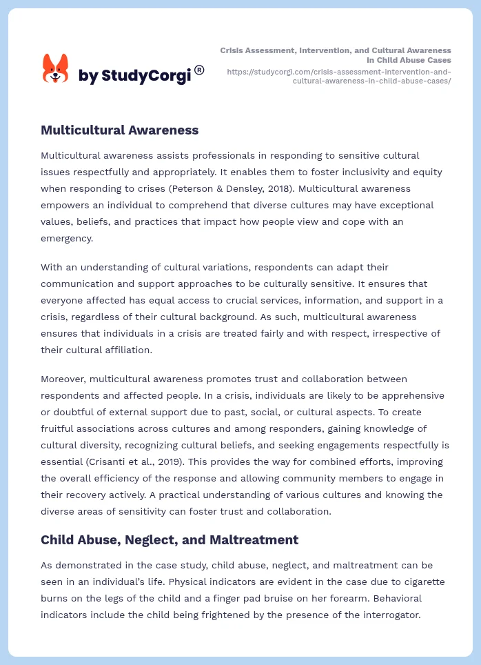 Crisis Assessment, Intervention, and Cultural Awareness in Child Abuse Cases. Page 2
