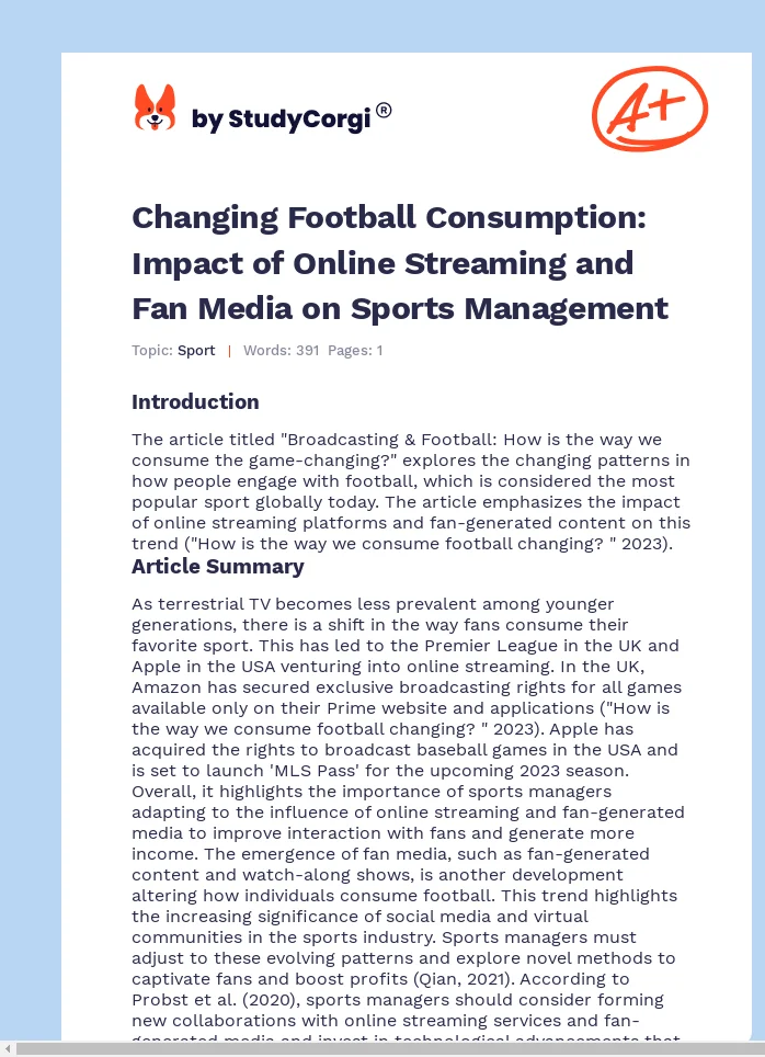 Changing Football Consumption: Impact of Online Streaming and Fan Media on Sports Management. Page 1