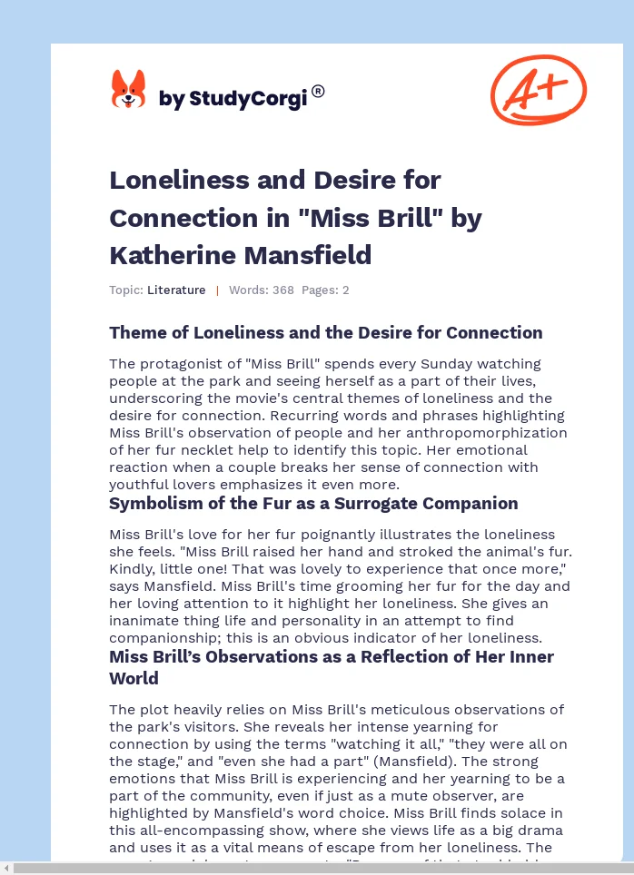Loneliness and Desire for Connection in "Miss Brill" by Katherine Mansfield. Page 1