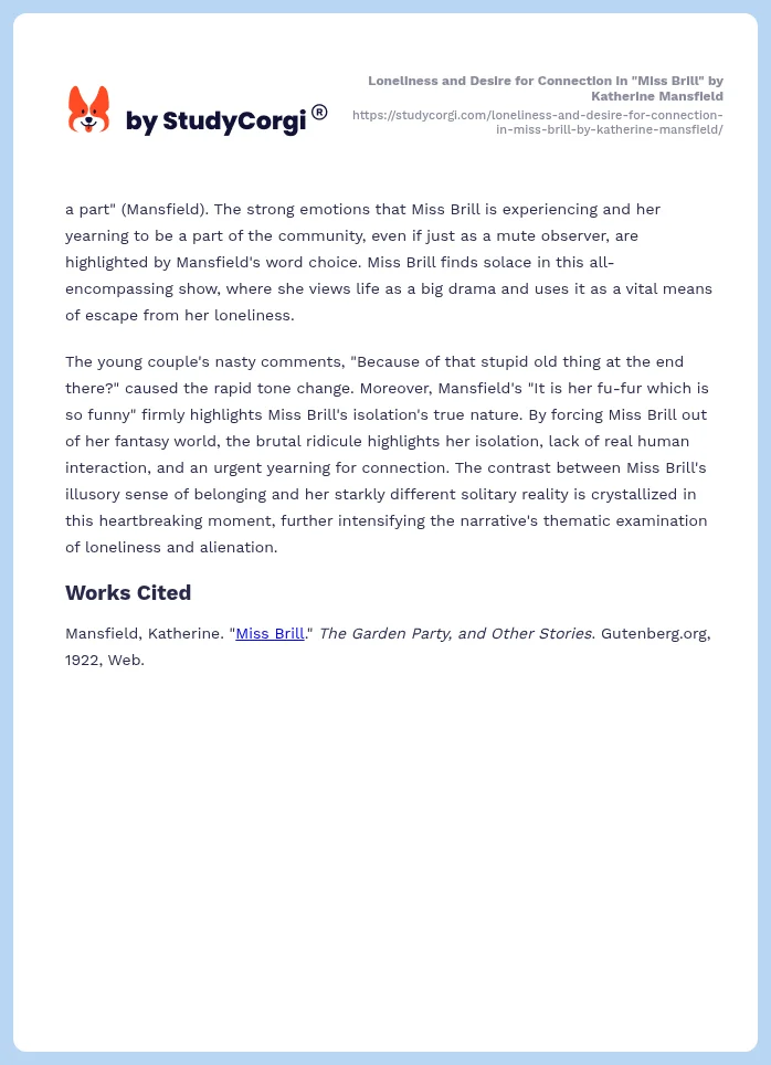 Loneliness and Desire for Connection in "Miss Brill" by Katherine Mansfield. Page 2