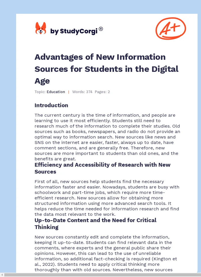 Advantages of New Information Sources for Students in the Digital Age. Page 1