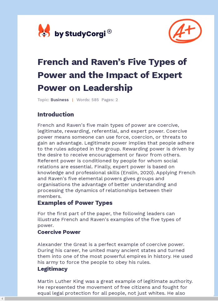 French and Raven’s Five Types of Power and the Impact of Expert Power on Leadership. Page 1