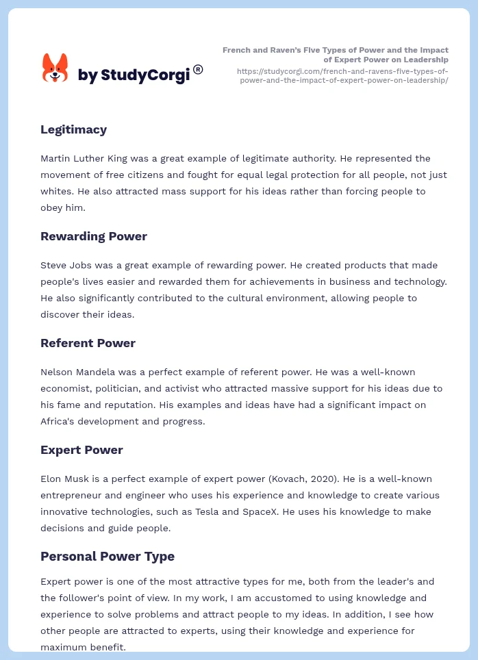 French and Raven’s Five Types of Power and the Impact of Expert Power on Leadership. Page 2