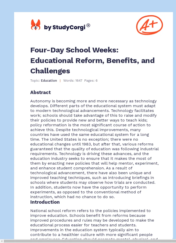 Four-Day School Weeks: Educational Reform, Benefits, and Challenges. Page 1
